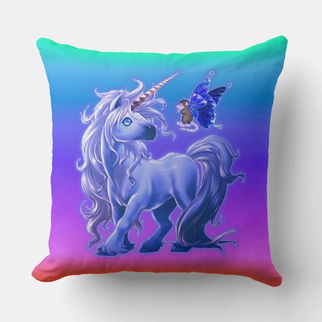 Bright Pastel Rainbow Blue Unicorn Throw Pillow (Front)