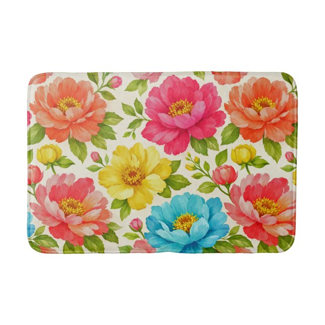 Bright Pastel Watercolor Peony Garden Pattern Bath Mat (Front)