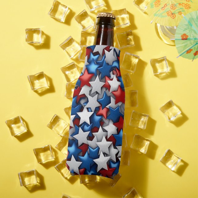BRIGHT PATRIOTIC RED WHITE BLUE AMERICAN STARS BOTTLE COOLER (In Situ Summer)