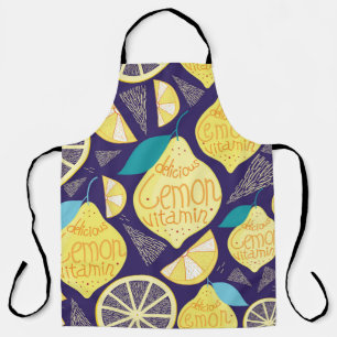 Bright pattern of lemons and cloves on a dark blue apron