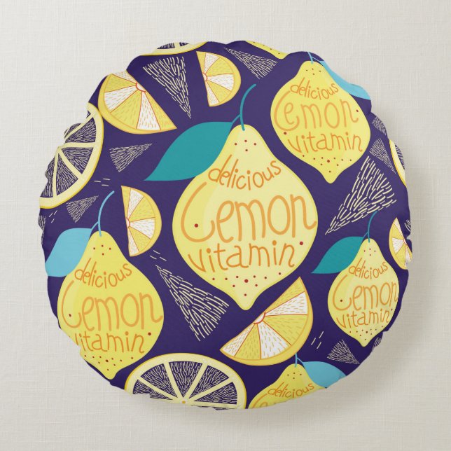 Bright pattern of lemons and cloves on a dark blue round pillow (Front)