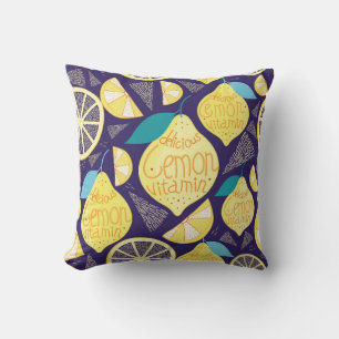 Bright pattern of lemons and cloves on a dark blue throw pillow