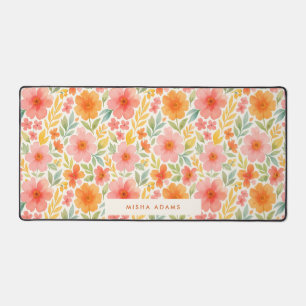 Bright Pattern Pink Orange Watercolor Floral Desk Mat