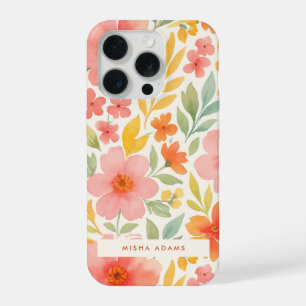 Bright Pattern Pink Orange Watercolor Floral iPhone 15 Pro Case