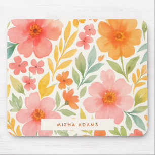 Bright Pattern Pink Orange Watercolor Floral Mouse Pad