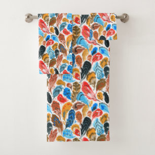 Bright pattern with bird feathers bath towel set