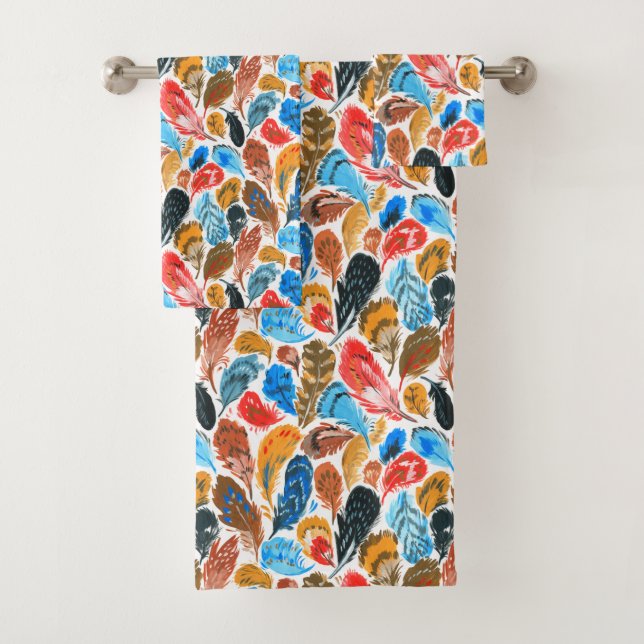 Bright pattern with bird feathers bath towel set (Insitu)