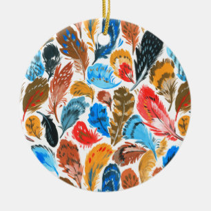 Bright pattern with bird feathers ceramic ornament