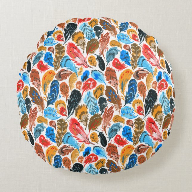 Bright pattern with bird feathers round pillow (Front)