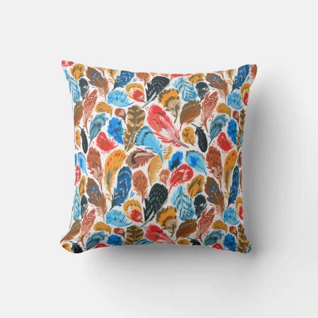 Bright pattern with bird feathers throw pillow (Front)