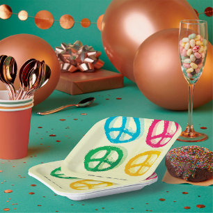 Bright Peace Symbols 1960s Inspired Paper Plate