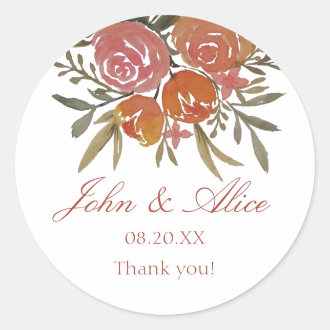 Bright Peach and Orange Floral Wedding Classic Round Sticker (Front)