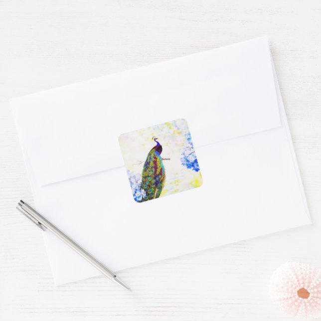 Bright peacock square sticker (Envelope)