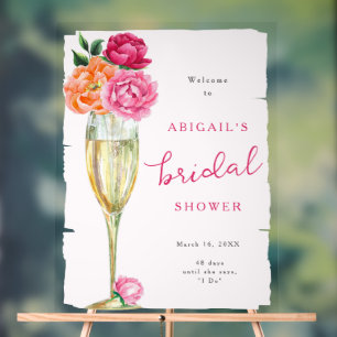Bright Peony Champagne Glass Bridal Shower Painted Acrylic Sign