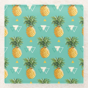 Bright Pineapples On Geometric Pattern Glass Coaster