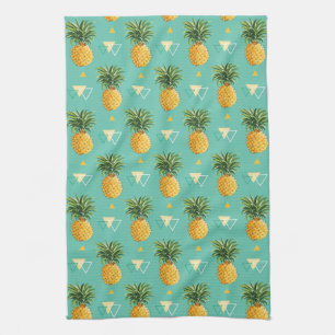 Bright Pineapples On Geometric Pattern Kitchen Towel