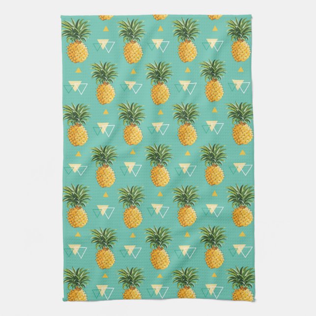 Bright Pineapples On Geometric Pattern Kitchen Towel (Vertical)