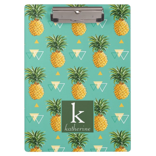Bright Pineapples On Geometric Pattern | Monogram Clipboard (Front)