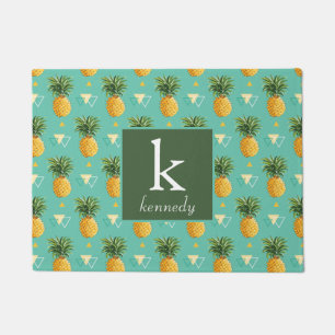 Bright Pineapples On Geometric Pattern   Monogram Doormat