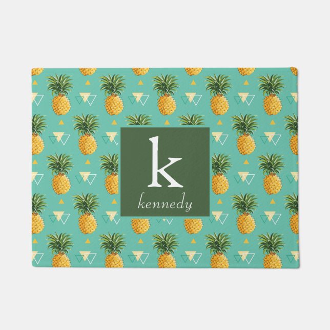 Bright Pineapples On Geometric Pattern | Monogram Doormat (Front)
