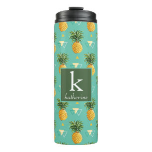 Bright Pineapples On Geometric Pattern Monogram Thermal Tumbler