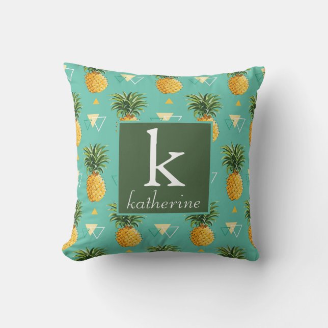 Bright Pineapples On Geometric Pattern | Monogram Throw Pillow (Front)