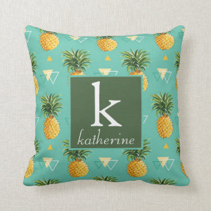 Bright Pineapples On Geometric Pattern   Monogram Throw Pillow
