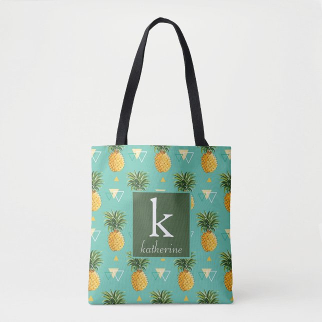 Bright Pineapples On Geometric Pattern | Monogram Tote Bag (Front)