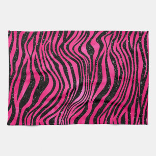 Bright Pink and Black Glam Animal Print Stripes Kitchen Towel