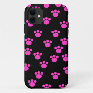 Bright Pink and Black Paw Print Pattern. iPhone 11 Case