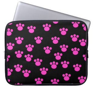 Bright Pink and Black Paw Print Pattern. Laptop Sleeve