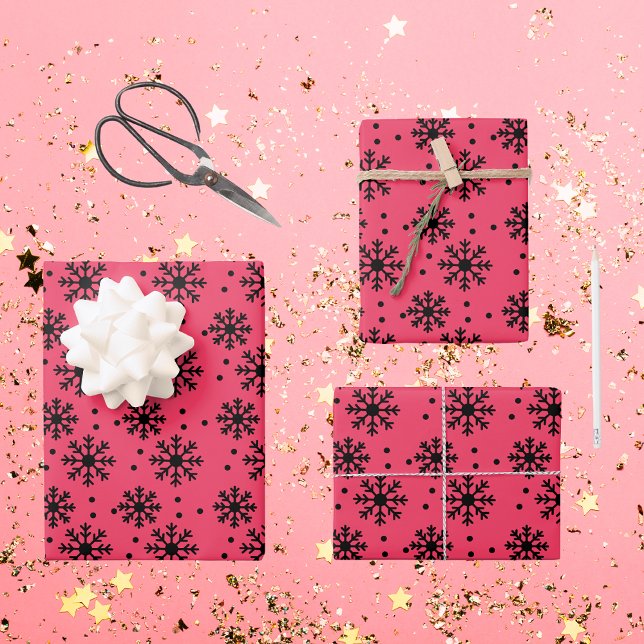 Bright Pink and Black Snowflake Pattern Christmas Wrapping Paper Sheet (Creator Uploaded)