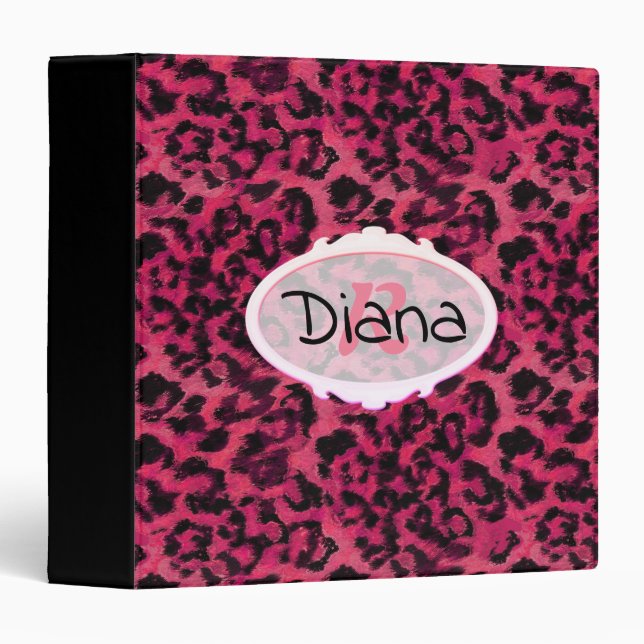 Bright pink and black spotted leopard 3 ring binde binder (Front/Spine)