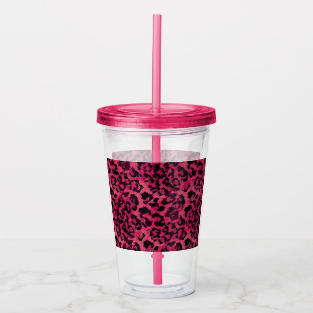 Bright pink and black spotted leopard acrylic tumbler (Front)