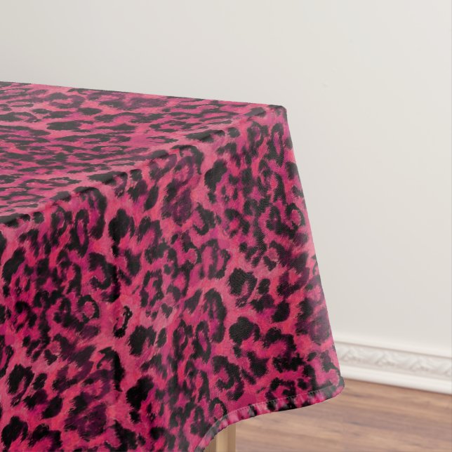 Bright pink and black spotted leopard tablecloth (In Situ)