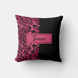 Bright pink and black spotted leopard throw pillow