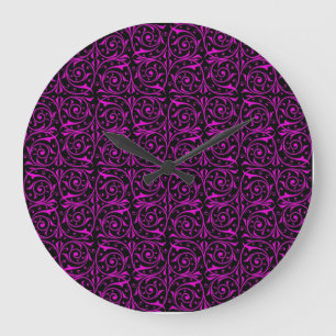 Bright Pink and Black Vine Pattern Large Clock
