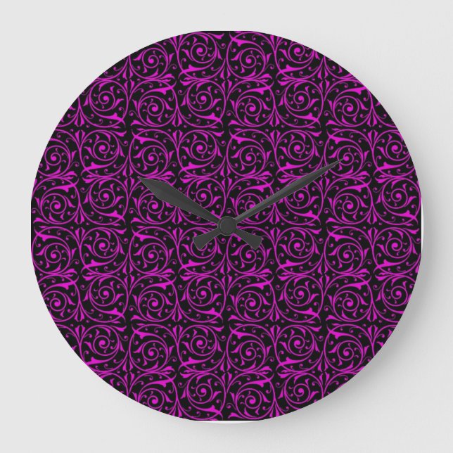 Bright Pink and Black Vine Pattern Large Clock (Front)