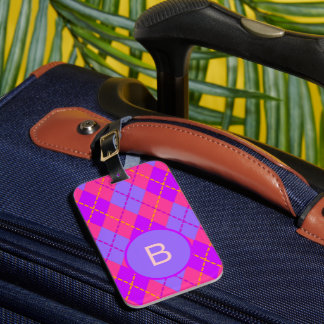 Bright Pink and Blue Argyle Pattern Monogram Luggage Tag