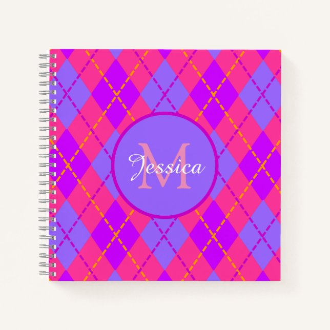 Bright Pink and Blue Argyle Pattern Monogram Notebook (Front)