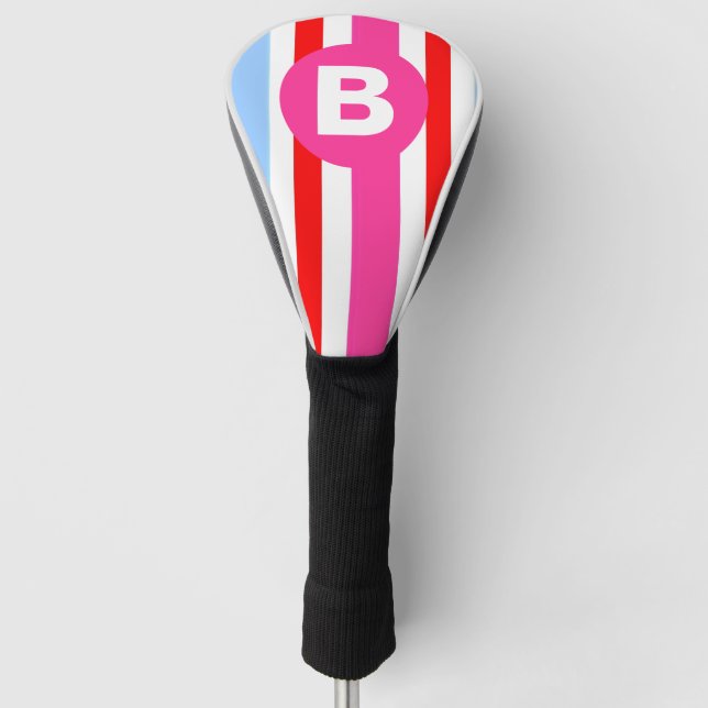 Bright Pink and Blue Candy Stripes Monogram Golf Head Cover (Front)