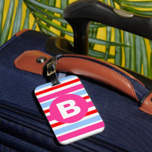 Bright Pink and Blue Candy Stripes Monogram Luggage Tag
