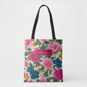 Bright Pink and Blue Floral on Cream Tote Bag