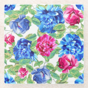 Bright Pink and Blue Floral Pretty Pattern Glass Coaster