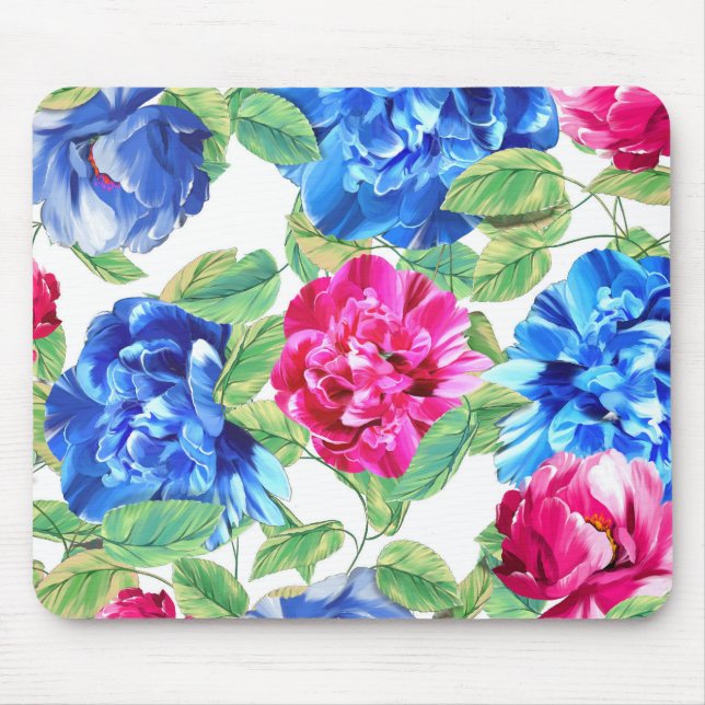 Bright Pink and Blue Floral Pretty Pattern Mouse Pad (Front)