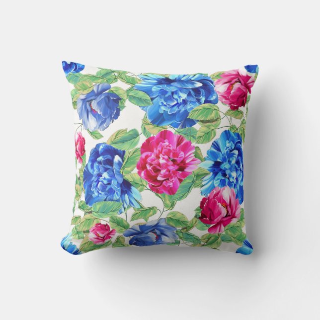 Bright Pink and Blue Floral Pretty Pattern Throw P Throw Pillow (Front)