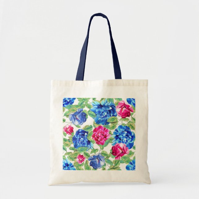 Bright Pink and Blue Floral Pretty Pattern Tote Bag (Front)