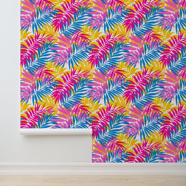 Bright Pink and Blue Summer Tropical Palm Leaves Wallpaper
