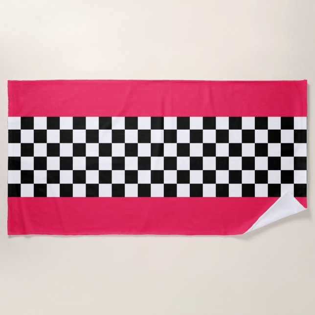 Bright pink and chequerboard beach towel (Front)
