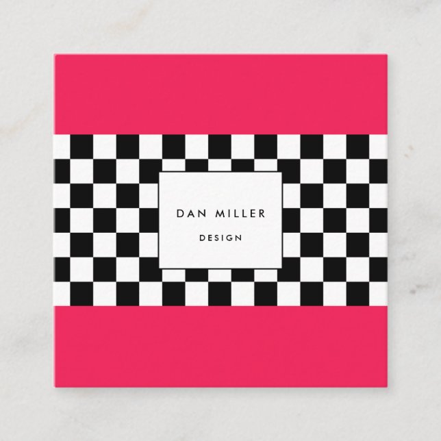 Bright pink and chequerboard square business card (Front)